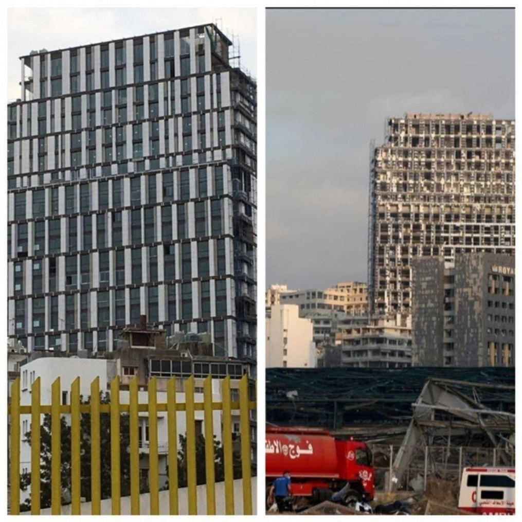 Before and after shot of a building in Lebanon.