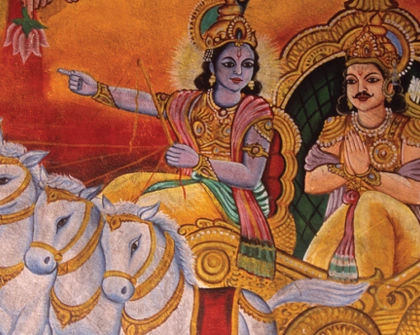 Mural painting of Yogeswar Temple in Patora, Orissa, India, depicting Krishna and Arjuna, the master archer. Photo credit: Frederic Soltan/Getty Images.