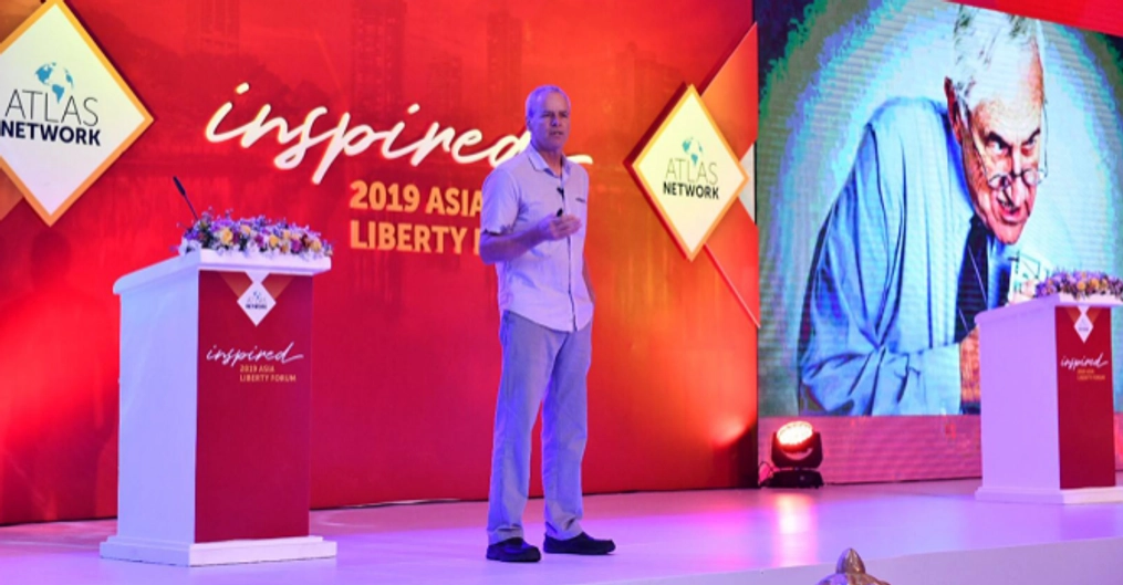 Spencer on stage at the 2019 Asia Liberty Forum.